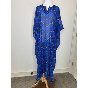 Kaftan Chevron Blue Purple Black Sheer Chiffon Split Neck OSFM